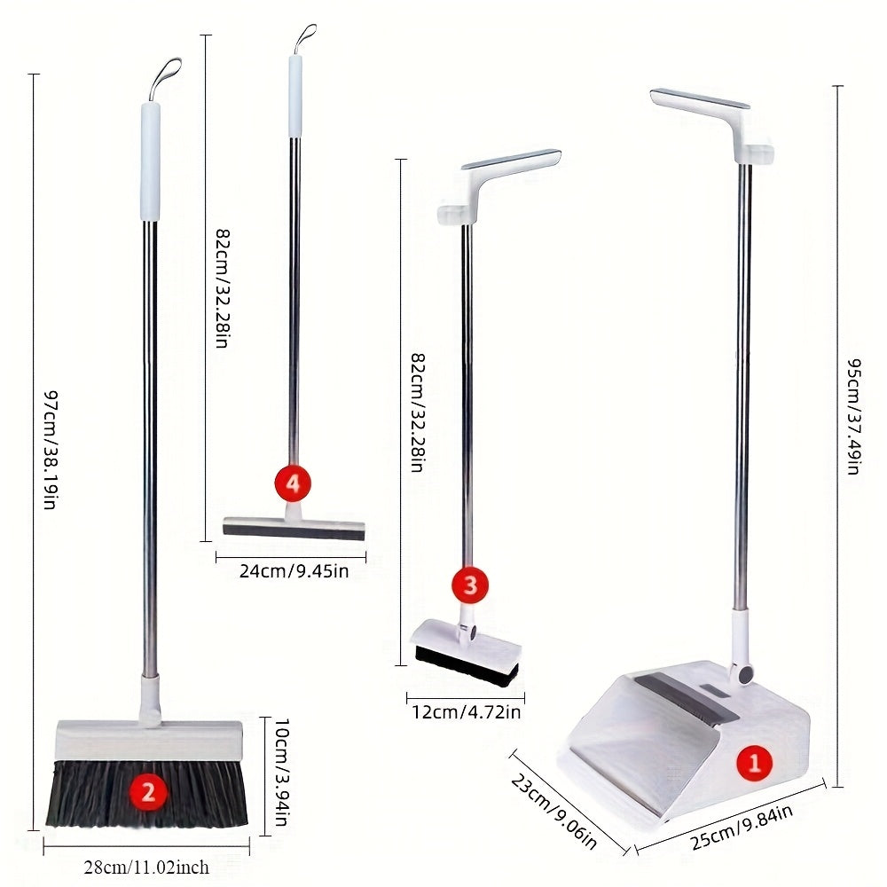Broom And Dustpan Set 4-in-1 Multi-functional Cleaning Set Adjustable Sweeping And Water-scrubbing Broom Bathroom And Kitchen Floor Scraper Floor Brush Garbage Shovel Thick Plastic And Handle Ho