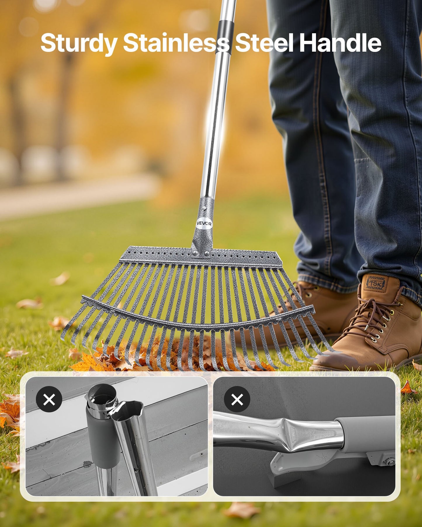 Leaf Rake Steel Garden Rake 25-Tine 36.4-72.8 Inch Adjustable Long Handle