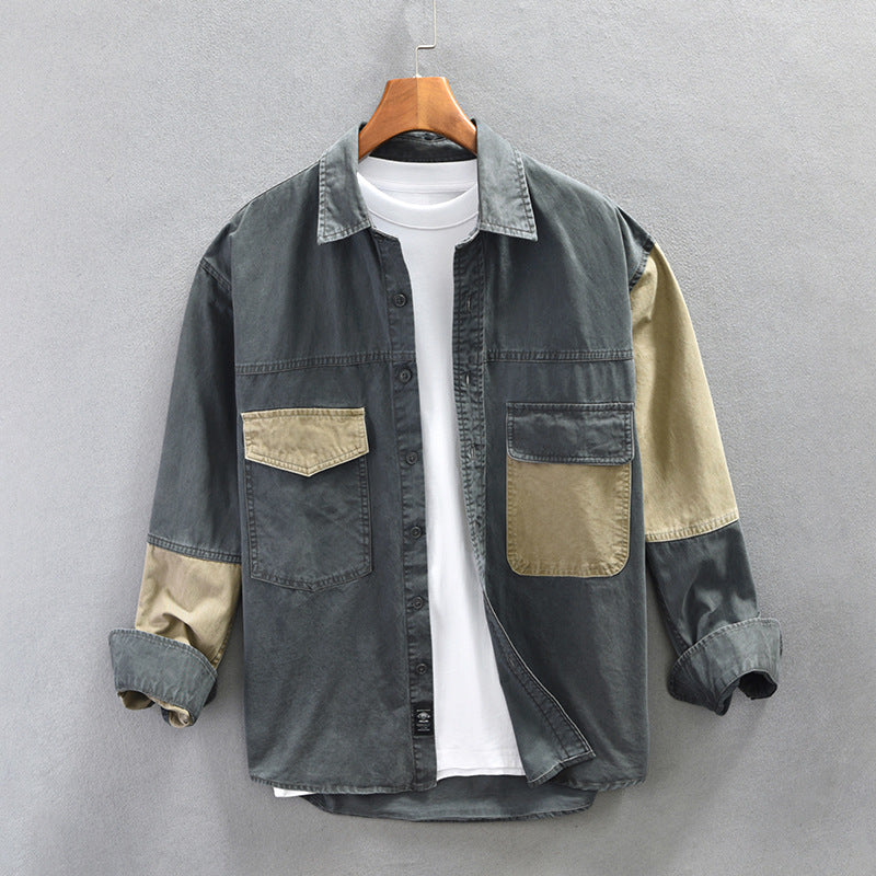Retro Patchwork Pure Cotton Workwear Shirt Men