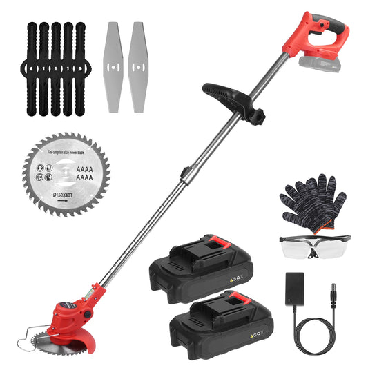 1Set Electric Cordless Grass Trimmer  With 2 Alloy Saw Blades 2 Alloy Blades 10 Plastic Blades 2 Rechargeable Batteries Goggles Gloves Auxiliary Handle Fedex Shipping