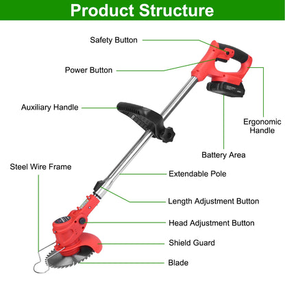 1Set Electric Cordless Grass Trimmer  With 2 Alloy Saw Blades 2 Alloy Blades 10 Plastic Blades 2 Rechargeable Batteries Goggles Gloves Auxiliary Handle Fedex Shipping