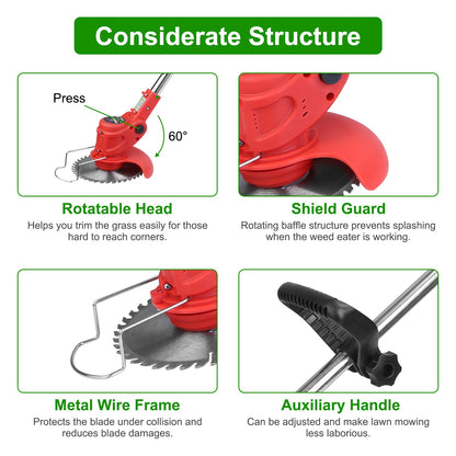 1Set Electric Cordless Grass Trimmer  With 2 Alloy Saw Blades 2 Alloy Blades 10 Plastic Blades 2 Rechargeable Batteries Goggles Gloves Auxiliary Handle Fedex Shipping