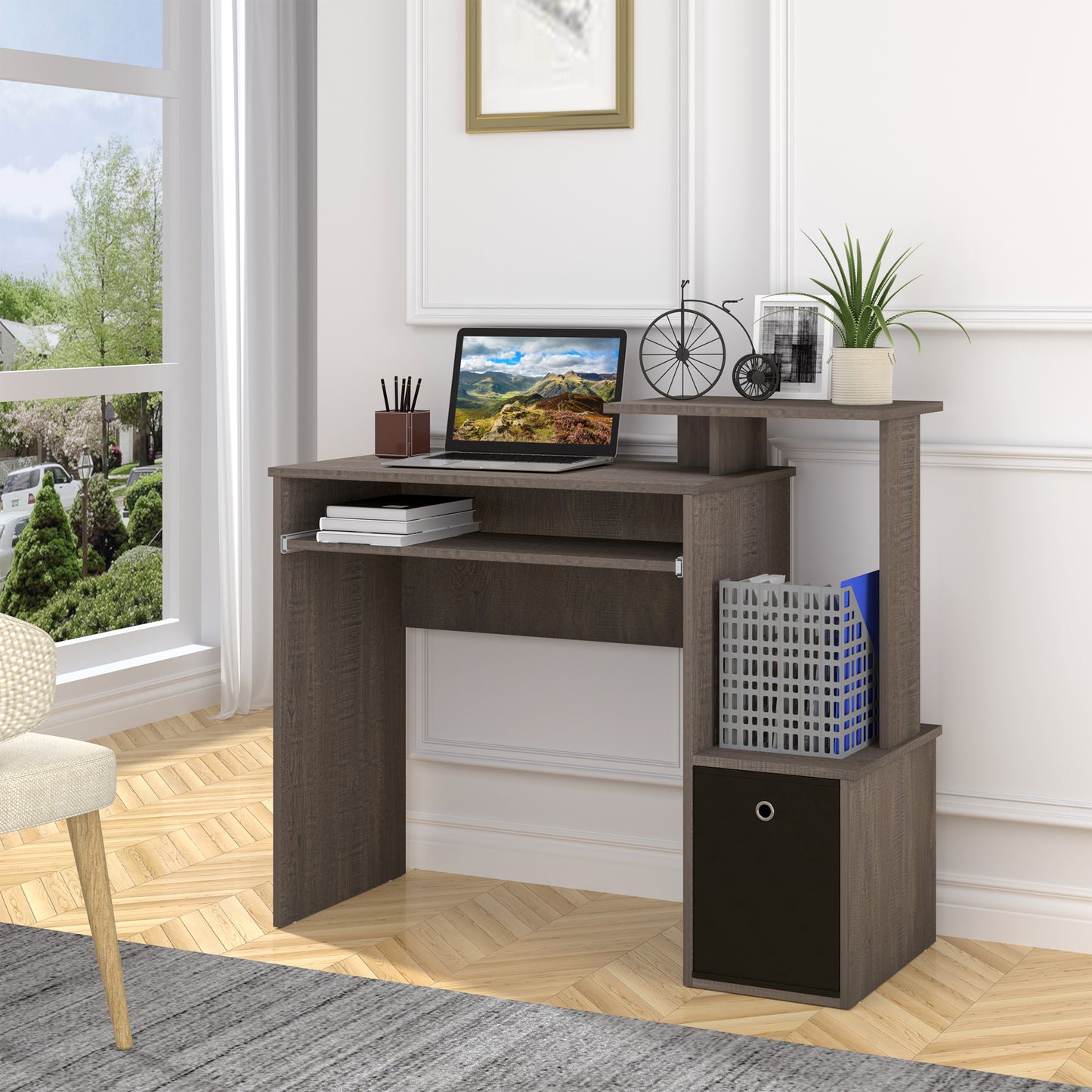 Computer Desk With Sliding Keyboard Tray Storage Drawer Shelf Home Office Workstation Grey