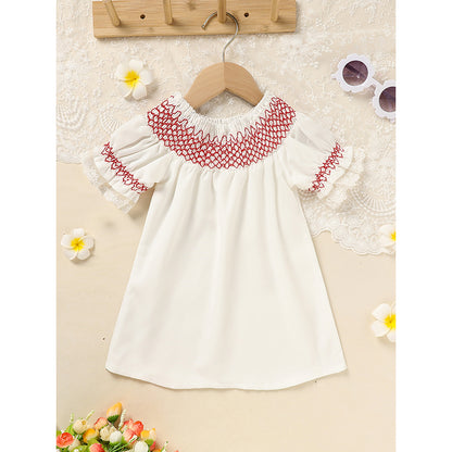 Infant Baby Girl Valentines Day Dress Lace Short Sleeve Round Neck White With Red Embroidery Party Dress