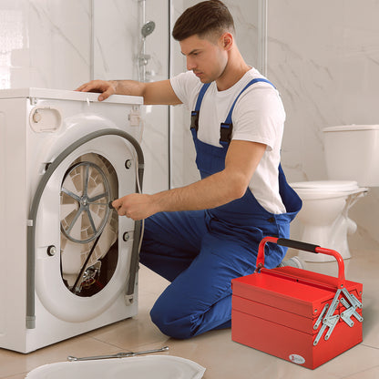 DURHAND Metal Tool Box 3 Tier 5 Tray Professional Portable Storage Cabinet Workshop Cantilever Toolbox With Carry Handle, 45cmx20cmx34.5cm, Red