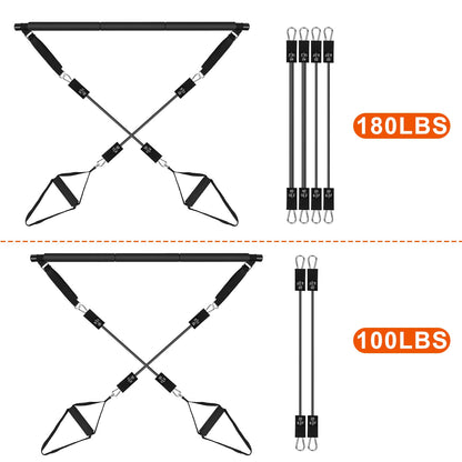 100LBS OR 180LBS Band Options - 1Pc Pilates Bar Kit Multifunctional Pilates Yoga Toning Bar Full Body Exercise Equipment Set For Beginners Intermediates Professionals 4 Elastic Resistance Bands