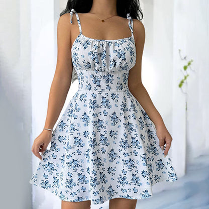 Womens Floral Mini Dress Spaghetti Strap Sleeveless Tie Shoulder Ruffle Summer Boho Dresses