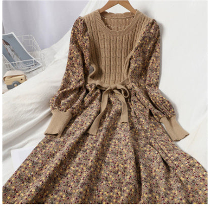 Fashionable All-match Corduroy Floral Dress