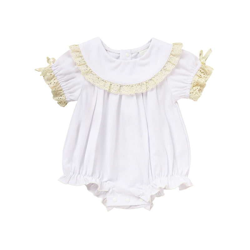 Baby Girl White Lace Romper Soft & Stylish Short Sleeve Bubble Jumpsuit For Wedding Season & Summer