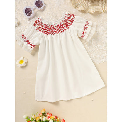 Infant Baby Girl Valentines Day Dress Lace Short Sleeve Round Neck White With Red Embroidery Party Dress