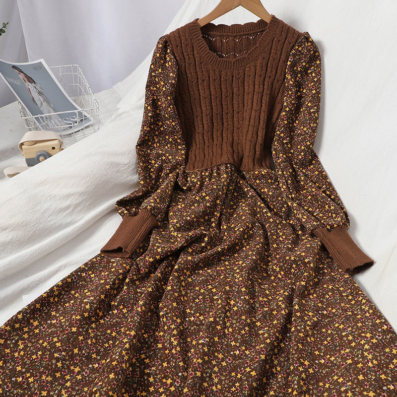 Fashionable All-match Corduroy Floral Dress