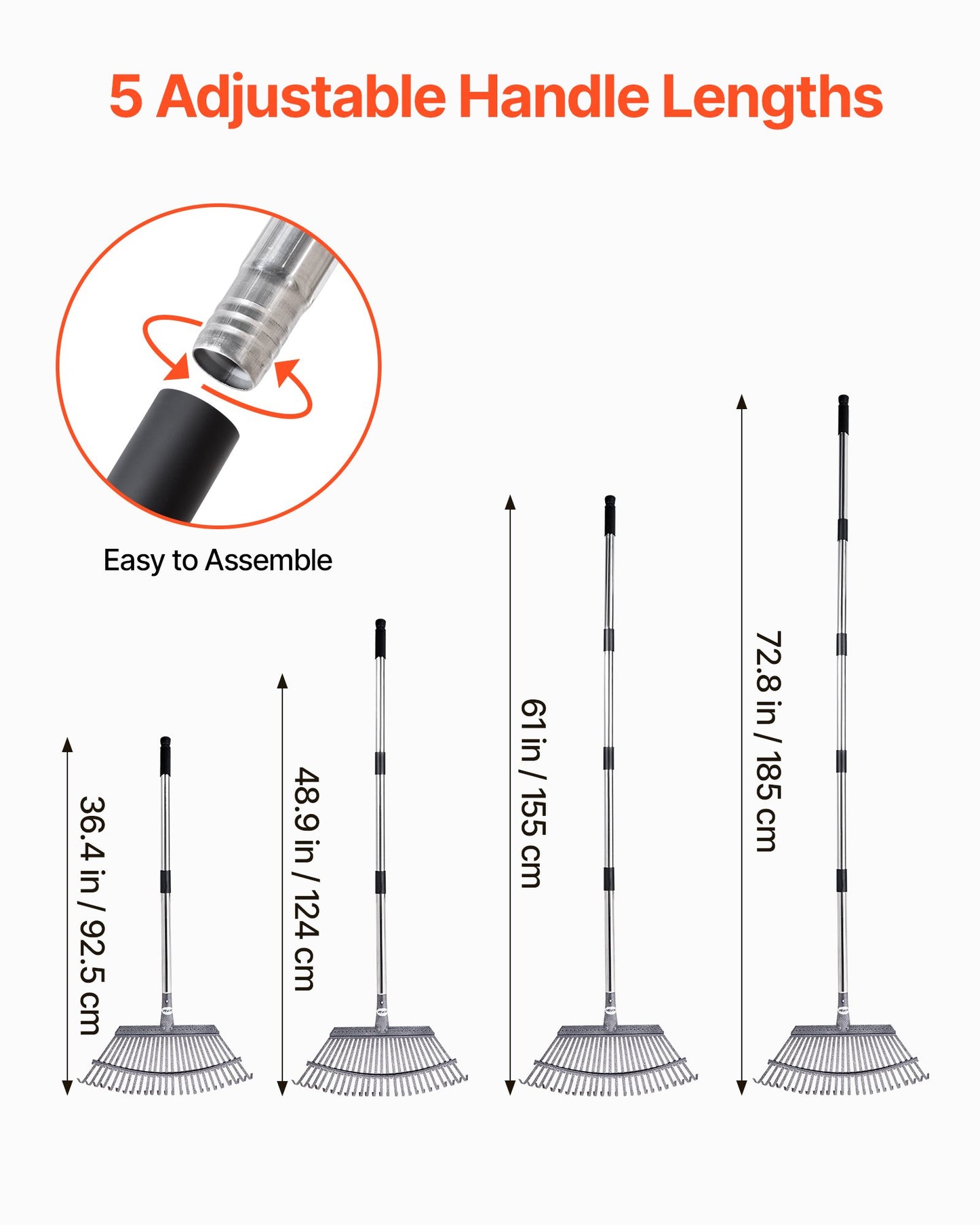 Leaf Rake Steel Garden Rake 25-Tine 36.4-72.8 Inch Adjustable Long Handle