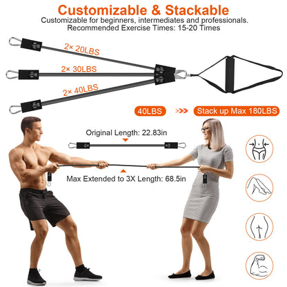 100LBS OR 180LBS Band Options - 1Pc Pilates Bar Kit Multifunctional Pilates Yoga Toning Bar Full Body Exercise Equipment Set For Beginners Intermediates Professionals 4 Elastic Resistance Bands