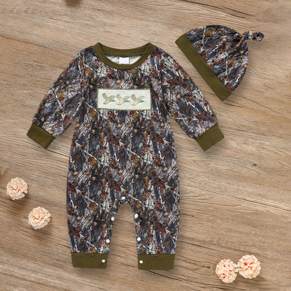 Newborn Baby Boy Outfits Long Sleeve Animal Print Romper & Hat 2Pcs Fall Winter Clothes Set