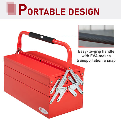 DURHAND Metal Tool Box 3 Tier 5 Tray Professional Portable Storage Cabinet Workshop Cantilever Toolbox With Carry Handle, 45cmx20cmx34.5cm, Red