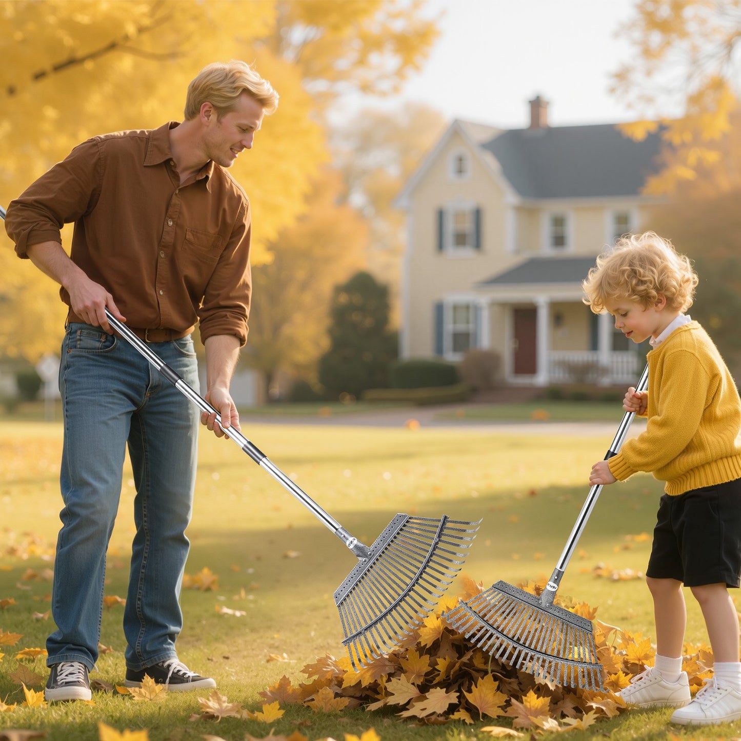 Leaf Rake Steel Garden Rake 25-Tine 36.4-72.8 Inch Adjustable Long Handle