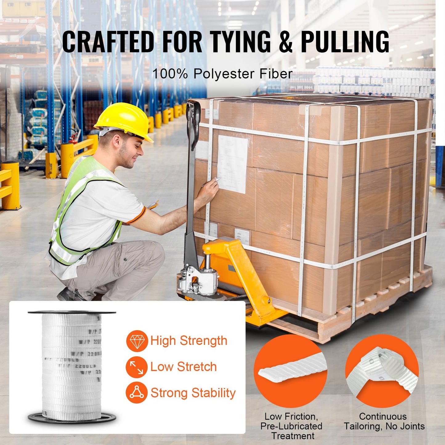 Polyester Pull Tape, 5/8" X 108' Mule Tape Flat Rope, 2200 Lbf Tensile Capacity, Printed Webbing Cable Pulling Tape For Packaging, Gardening, Commercial Electrical, Conduit Work, White