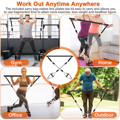 100LBS OR 180LBS Band Options - 1Pc Pilates Bar Kit Multifunctional Pilates Yoga Toning Bar Full Body Exercise Equipment Set For Beginners Intermediates Professionals 4 Elastic Resistance Bands