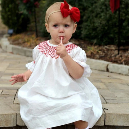 Infant Baby Girl Valentines Day Dress Lace Short Sleeve Round Neck White With Red Embroidery Party Dress