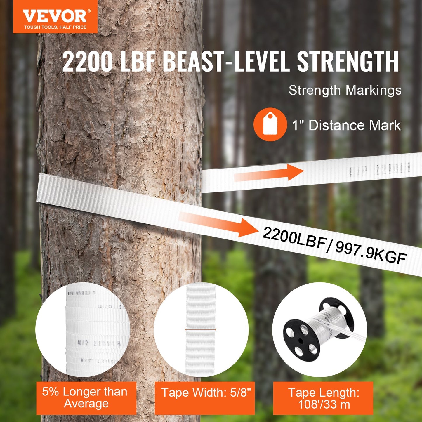 Polyester Pull Tape, 5/8" X 108' Mule Tape Flat Rope, 2200 Lbf Tensile Capacity, Printed Webbing Cable Pulling Tape For Packaging, Gardening, Commercial Electrical, Conduit Work, White