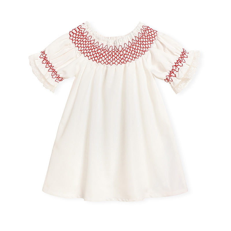Infant Baby Girl Valentines Day Dress Lace Short Sleeve Round Neck White With Red Embroidery Party Dress