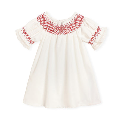 Infant Baby Girl Valentines Day Dress Lace Short Sleeve Round Neck White With Red Embroidery Party Dress