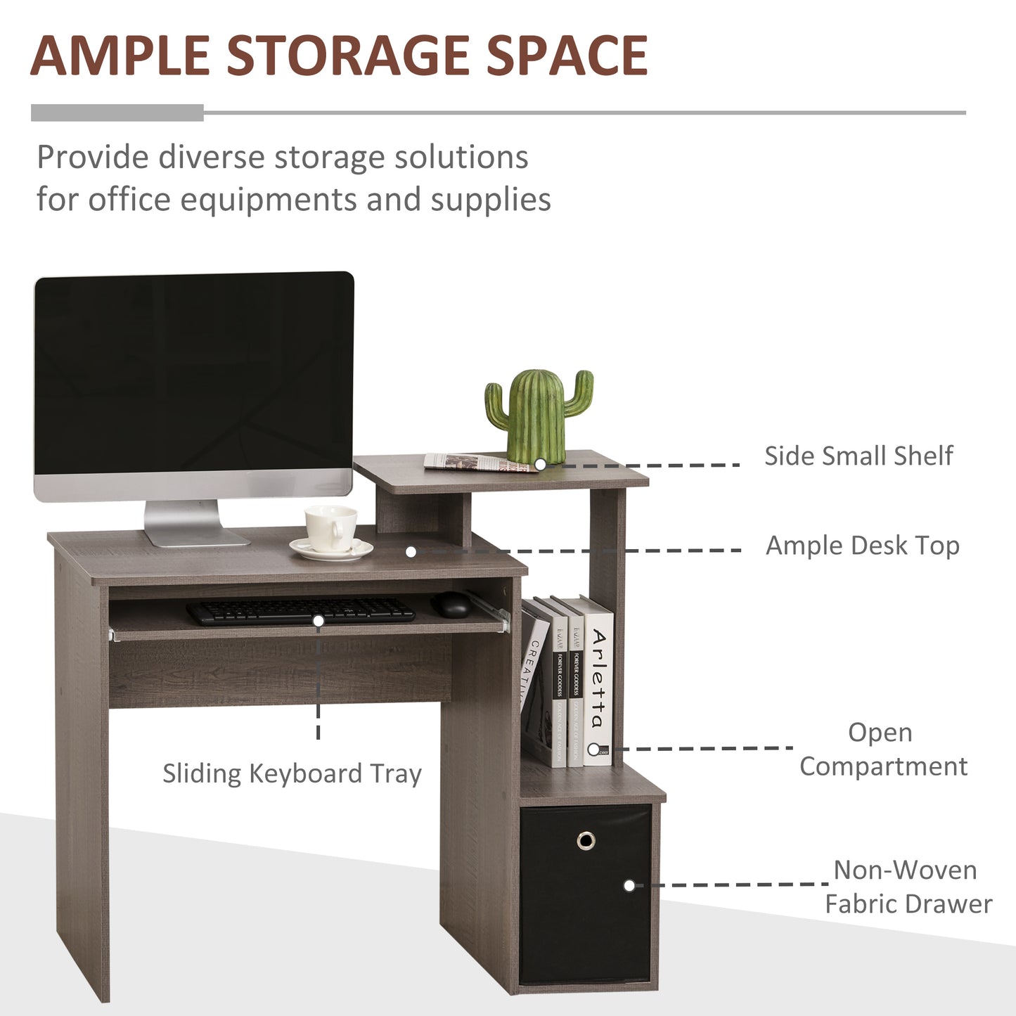 Computer Desk With Sliding Keyboard Tray Storage Drawer Shelf Home Office Workstation Grey